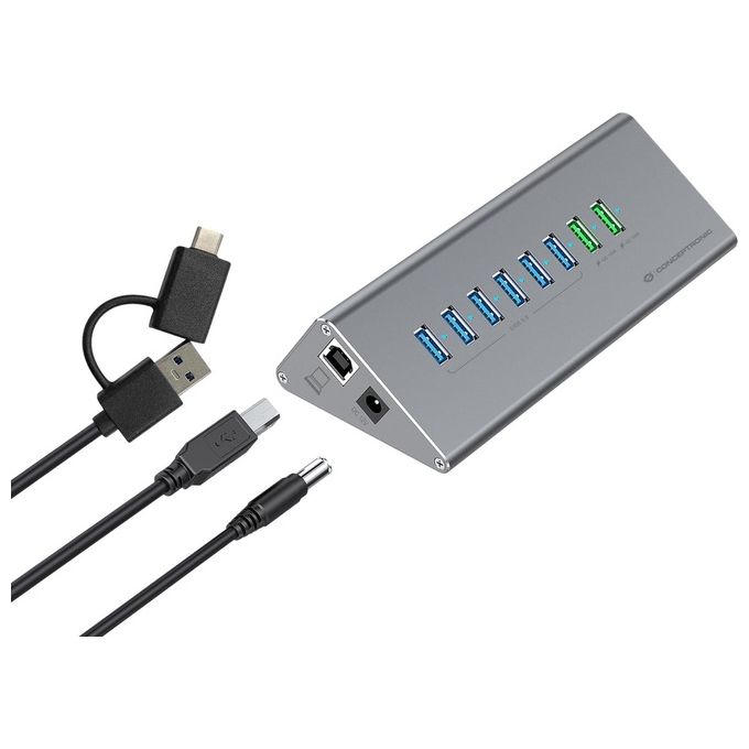 Conceptronic HUBBIES18G Hub Charger Combo USB 3.2 Gen 1 10 in 1 60 W con 6 Porte USB-A 3.0 1 Porta USB-C 3.0 2 Porte Ricarica USB-A 1 Porta Ricarica USB-C Cavo ibrido 2 in 1 incluso colore Grigio