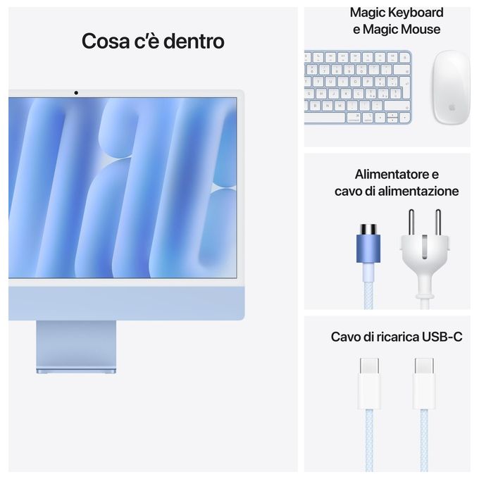 Apple MWUF3T-A iMac PC All in One 24'' Display Retina 4.5K Chip M4 CPU 8-core GPU 8-core 16GB 256GB SSD colore Blu