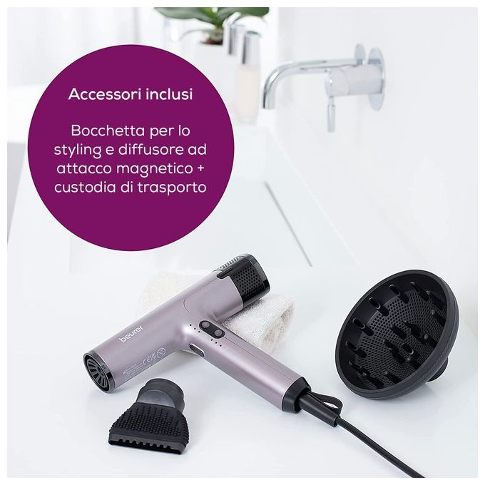 Beurer HC 100 Asciugacapelli 1700 W Ionico 4 Velocita' 4 Temperature Diffusore e Concentratore inclusi colore Viola