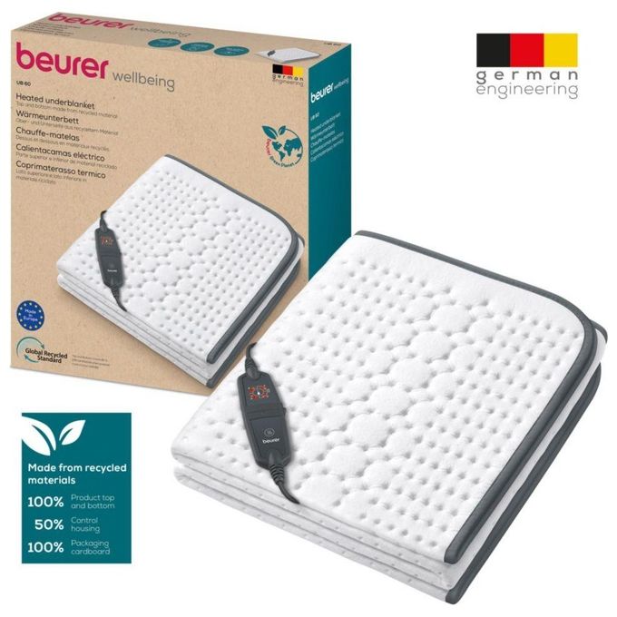 Beurer UB 60 Green Planet Scaldaletto Coprimaterasso Termico Singolo 150x80 cm 60 W 4 Livelli di Temperatura Lavabile colore Bianco