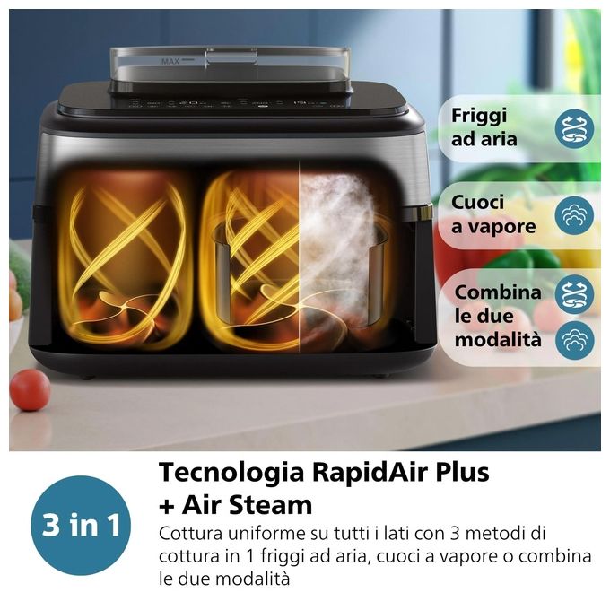 Philips NA555-00 Serie 5000 Friggitrice ad aria 9L 2750W Doppio Cestello 19 Programmi Cottura a Vapore colore Argento
