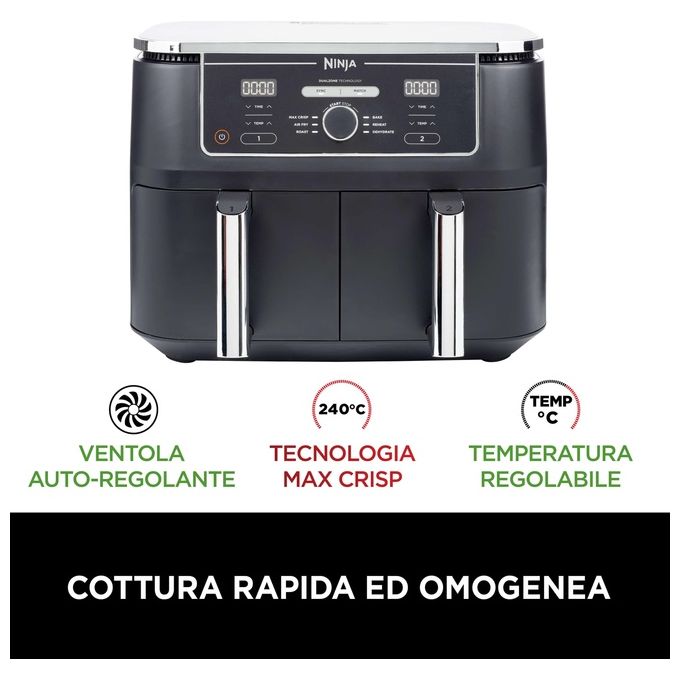 Ninja AF400EU Friggitrice ad aria Dual Zone 9.5 L 2470 W 6 funzioni 2 cestelli digitale colore Nero