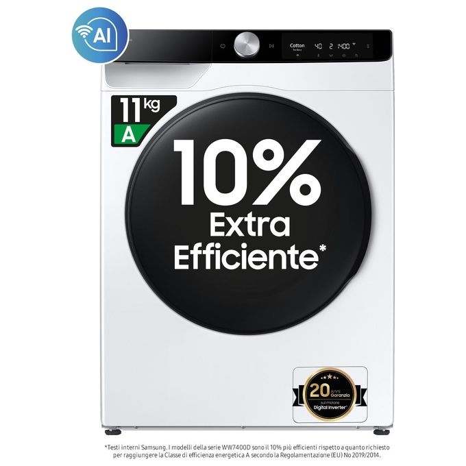 Samsung WD11DG6B85BK Lavasciuga Frontale 11-6 Kg 1400 rpm Classe D AI Wash EcoDosatore Vapore Wi-Fi (85x60x60 cm) colore Bianco
