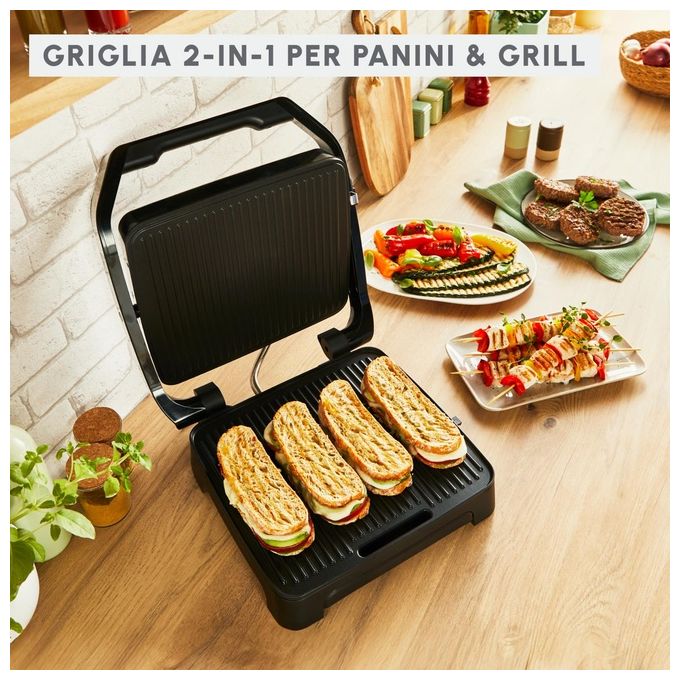 Moulinex GI272D Inicio Adjust Griglia Elettrica 2 in 1 Piastra Antiaderente 2180 W Termostato 3 Temperature colore Nero