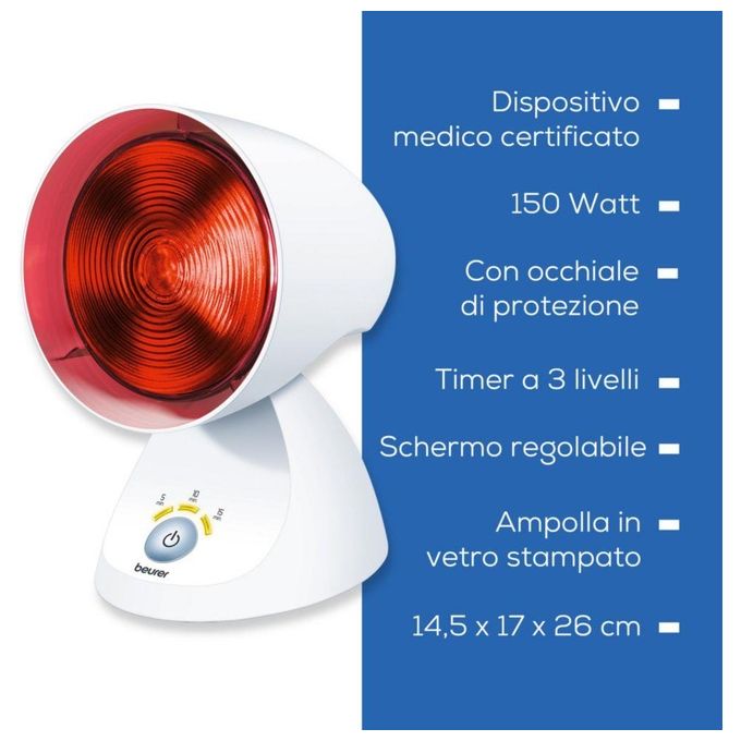 Beurer IL-35 Lampada a Raggi Infrarossi Terapia del Calore 150W timer digitale 3 livelli inclinazione regolabile colore Bianco
