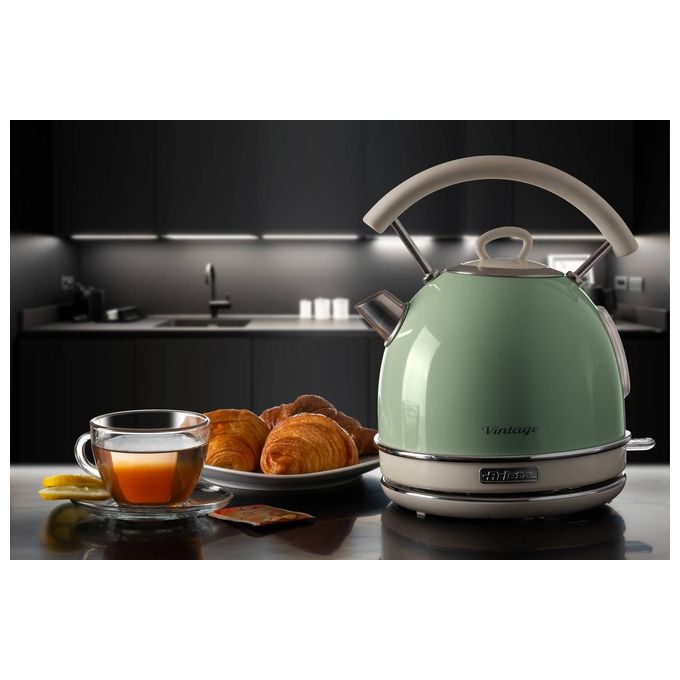 Ariete 2877 Vintage - Bollitore elettrico 1,7 L, 2 000 W, corpo acciaio inox, base cordless 360°, spegnimento automatico, filtro anticalcare rimovibile, Verde pastello-Acciaio