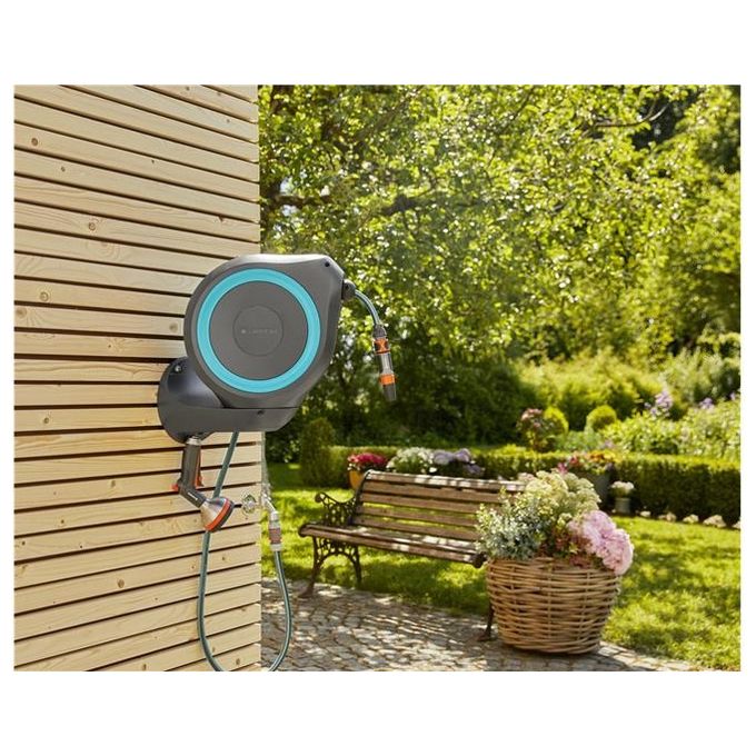 Gardena 18600-20 Avvolgitubo da Parete RollUp S 15 m con Lancia e Raccordi Avvolgimento Automatico Rotazione 180 gradi colore Azzurro