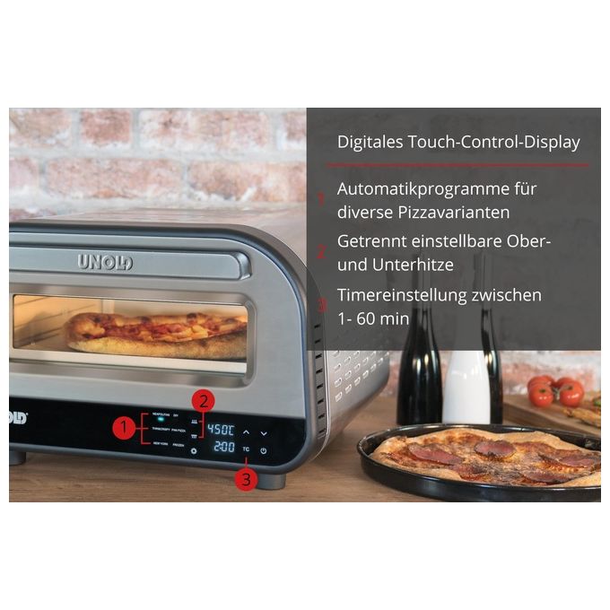 Unold 68816 Luigi Forno per Pizza elettrico 1700W pietra refrattaria cordierite 450°C controllo digitale colore Argento