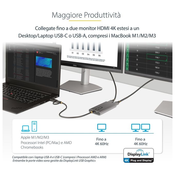 StarTech 109B-USBC-HDMI Adattatore USB-C a doppio HDMI 4K 60Hz Power Delivery 100W cavo integrato 30 cm colore Grigio