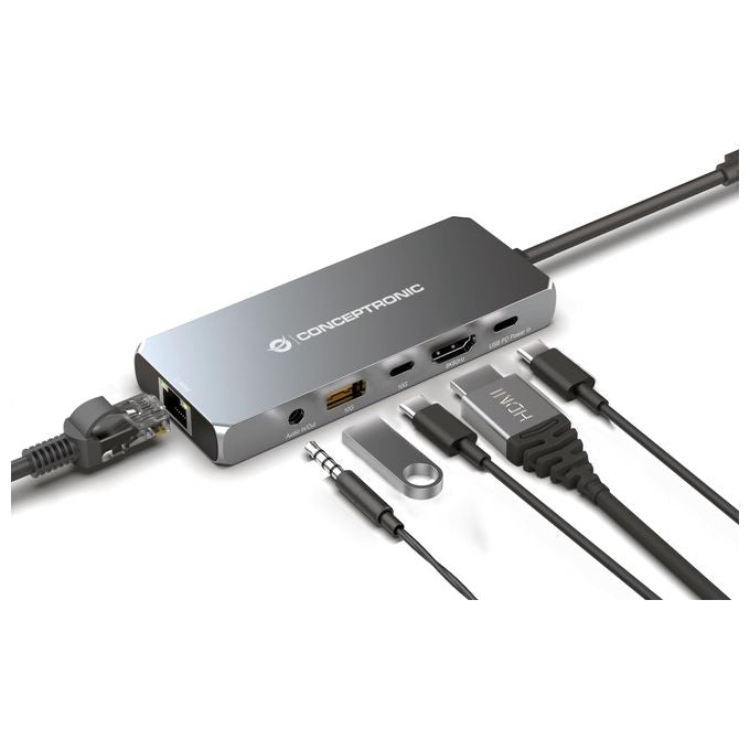 Conceptronic DONN22G Docking Station 6 in 1 USB4 40 Gbps HDMI 2.1 8K 60Hz Ethernet 2.5GbE USB PD 100W colore Grigio