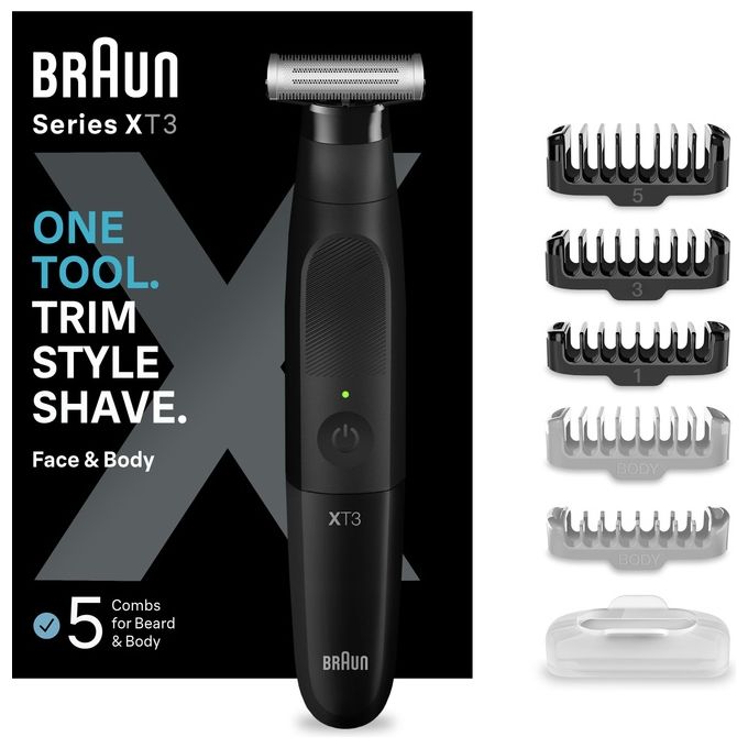 Braun XT3200 Series X Regolabarba e Rasoio Elettrico Multifunzione Lama 4D in Acciaio Inossidabile Testina Flessibile Oscillante Protezione SkinShield Autonomia 45 min Impermeabile al 100% colore Nero