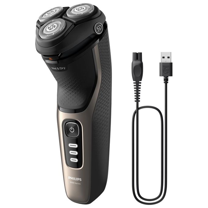 Philips S3242-12 Shaver 3000 Rasoio elettrico rotazione bagnato e asciutto 3 testine autonomia 60 min colore Nero Oro