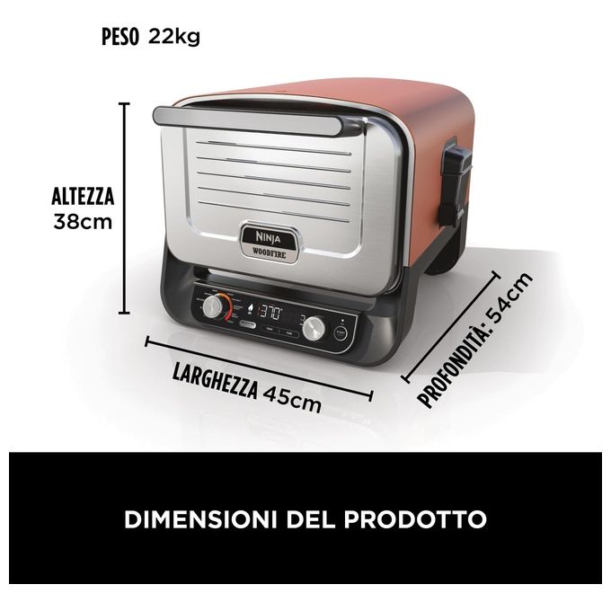 Ninja OO101EU Forno Elettrico da Esterno e Affumicatore 8 Programmi di Cottura Potenza 2400 W Temperatura Max 370 °C (45.7x54.6x38 cm) colore Inox-Rosso