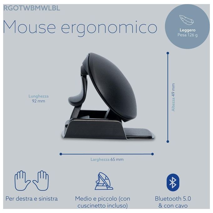 R-Go Tools RGOTWBMWLBL Mouse ergonomico R-Go Twister Ambidestro Pieghevole Bluetooth e USB 2400 DPI con Software di Pausa colore Nero