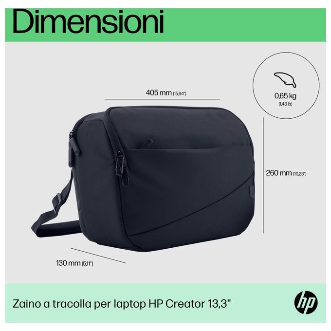 HP 6M5S4AA Borsa a tracolla per laptop Creator 13.3 pollici in materiale riciclato resistente all'acqua con scomparto ad accesso rapido e protezione RFID colore Blu marino