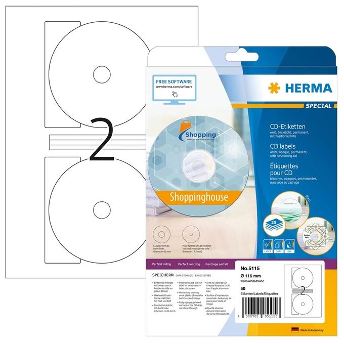 Herma Cd Etichette Rotonde 116mm 25 Fogli DIN A4 50 Pezzi