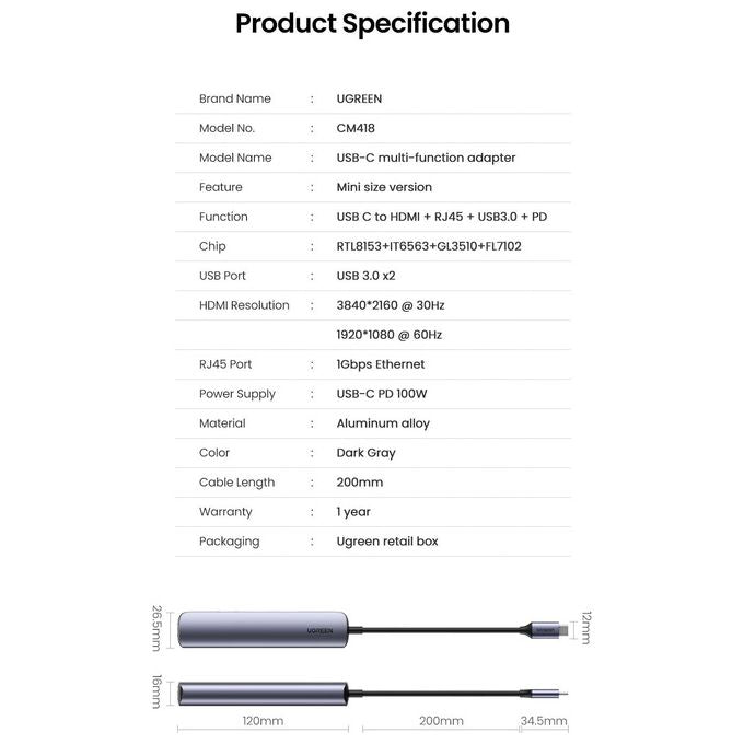 UGREEN 10919 Hub USB C HDMI 4K@60Hz Ethernet 1000Mbps PD 100W 2 USB 3.0 Docking Station compatibile con MacBook PRO Air M1 M2 Steam Deck Surface PRO 8 Galaxy S23 Tab S8 Dell XPS 15 13 colore Nero