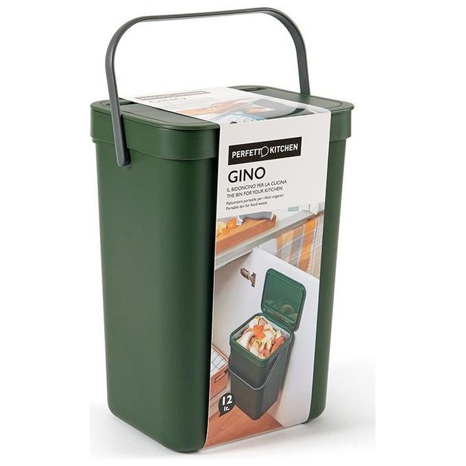 Perfetto 29125 Pattumiera per Rifiuti Organici Gino 5 L Rettangolare con Coperchio e Gancio Riposizionabile colore Nero Verde