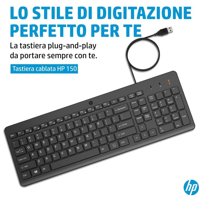 HP 664R5AA Tastiera Cablata 150 Full-size Layout Italiano USB-A 12 Tasti Funzione Plug and Play colore Nero