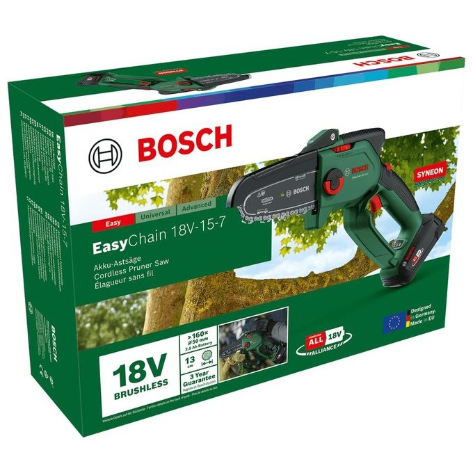 Bosch 06008B8900 EasyChain Motosega a Batteria 18V 2,5Ah Lunghezza Barra 15 cm Velocita' Catena 7 m-s colore Nero Verde