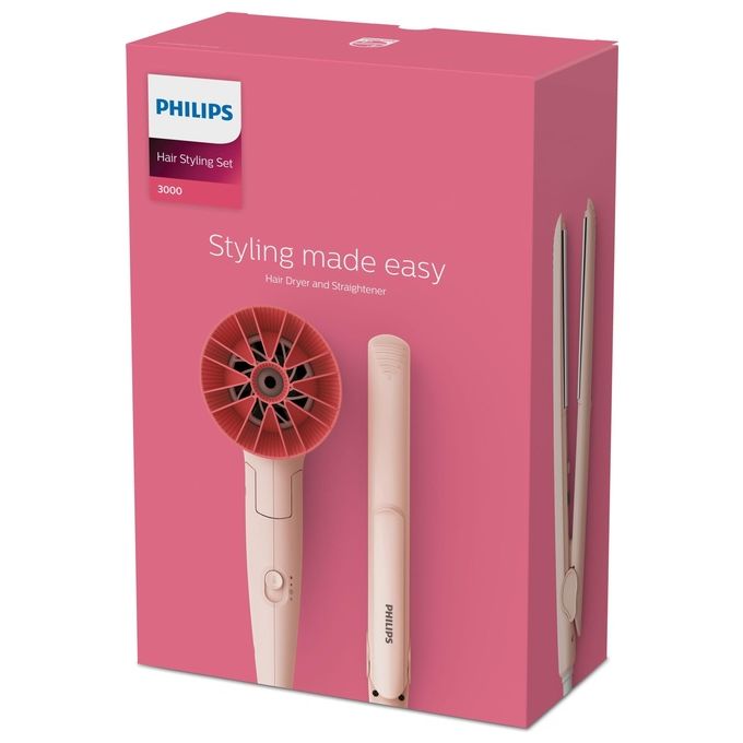 Philips BHP398-00 3000 Series Set per Styling dei Capelli 1600 W ThermoProtect ceramica 3 temperature piastra asciugacapelli colore Rosa
