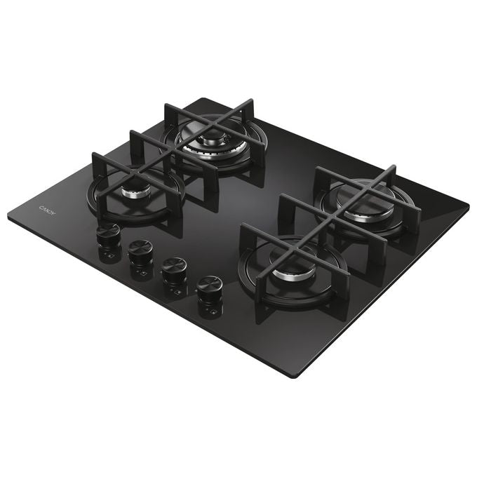 Candy CVG6BR4WTB Moderna Piano cottura a gas 60 cm 4 fuochi Vetro temperato Griglie lavabili in lavastoviglie colore Nero
