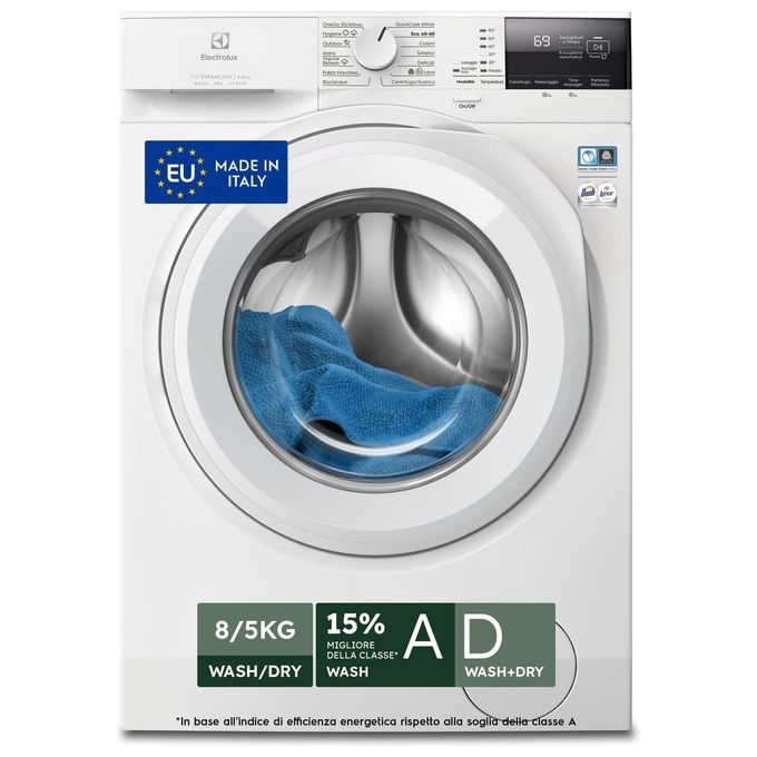 Electrolux EW7W285W SteamCare 700 Lavasciuga Frontale 8-5 Kg 1400 rpm Classe D SteamRefresh DualCare SensiCare+ (85x60x60 cm) colore Bianco