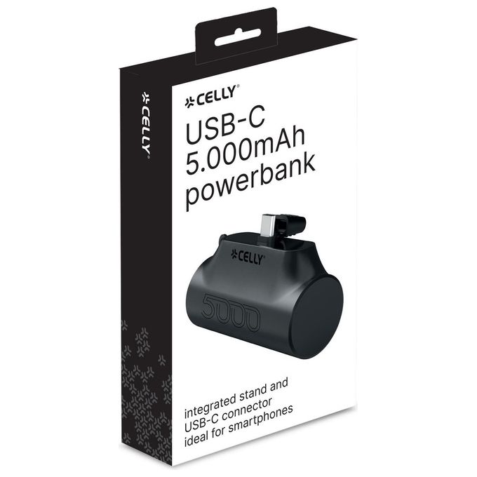 Celly PBC5000BK PowerBank Compact USB-C 5000 mAh con Supporto Integrato e LED Indicatore colore Nero