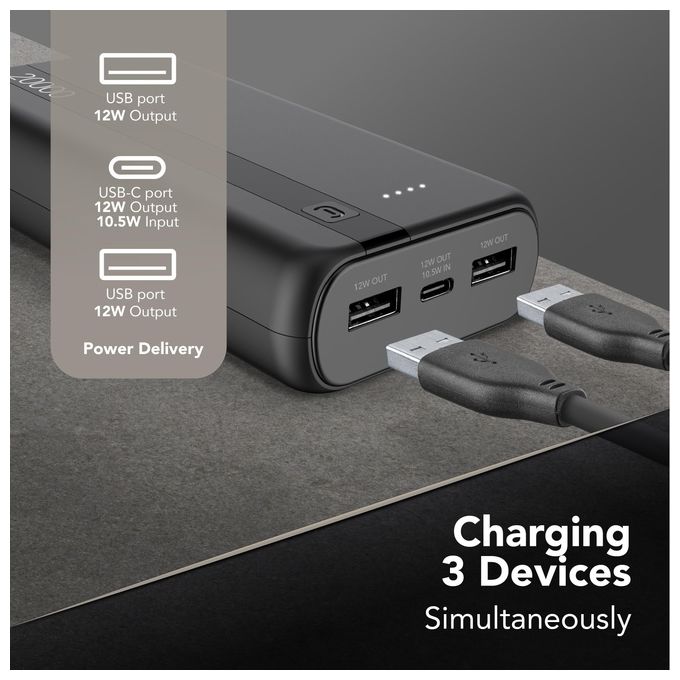 Cellularline PBENTRY20000K Power Bank 20000 mAh USB-C Input 10.5W 2 USB Output 12W Ioni di Litio LED colore Nero