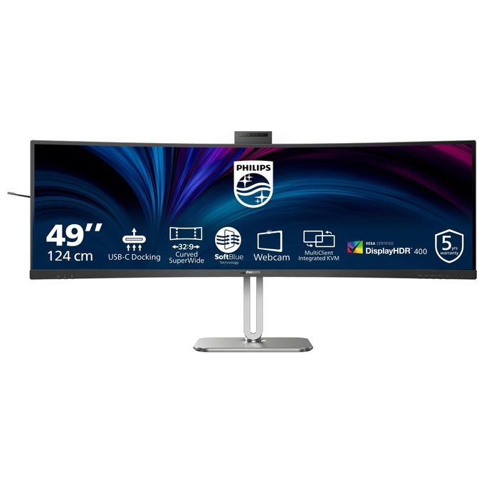 Philips 49B2U6900CH Monitor PC Curvo 49'' Dual QHD 5120x1440 USB-C 100W Webcam 5MP Hub USB DisplayPort HDMI colore Nero