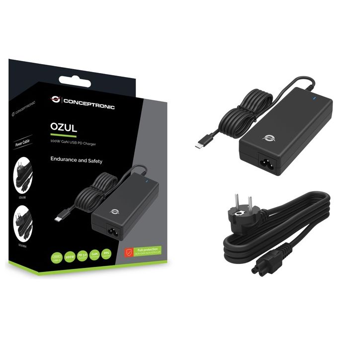 Conceptronic OZUL03BE Alimentatore Universale Notebook USB-C 100W GaN PD 3.0 PPS colore Nero