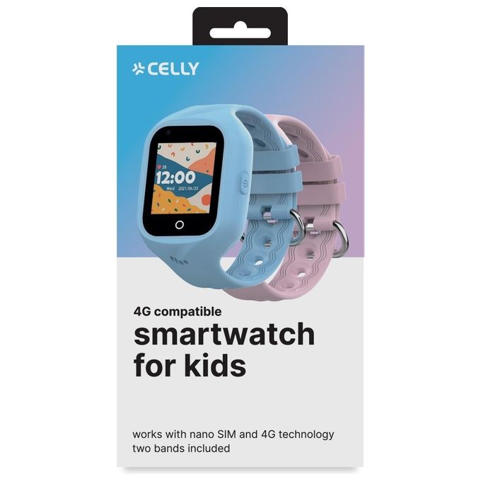 Celly S8431048 KIDSWATCH4G Smartwatch per Bambini 4G LTE GPS 1.4'' SOS Cardiofrequenzimetro colore Azzurro Rosa