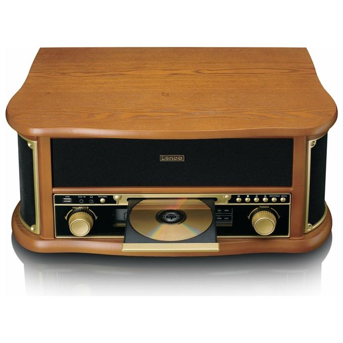 Lenco TCD-2551WD Giradischi con Trasmissione a Cinghia Lettore CD Bluetooth 5.0 Radio AM FM Lettore Cassette Uscita USB per Conversione in MP3 colore Legno