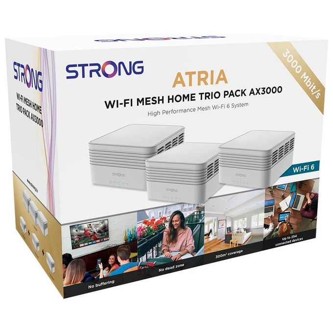 Strong MESHTRIAX3000 Atria Sistema Wi-Fi Mesh AX3000 Wi-Fi 6 Dual Band 3 Unita' 3000 Mbps Copertura 525 m² 3 Porte Gigabit colore Bianco