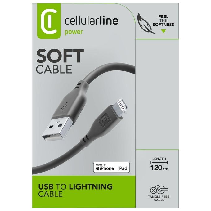 Cellularline USBDATASOFTMFIK Soft Cable Cavo Lightning USB A 1.2 m Certificato MFi colore Nero