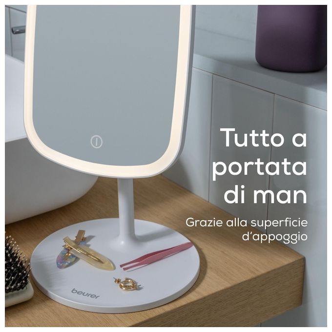 Beurer BS 47 Specchio cosmetico ricaricabile con 33 luci LED e pusante sensor touch -  Specchio con aggancio magnetico no zoom - 3 luci impostabili (calda fredda e naturale) - Con batteria agli ioni di litio per 3 ore di utilizzo senza fili - Funzione d