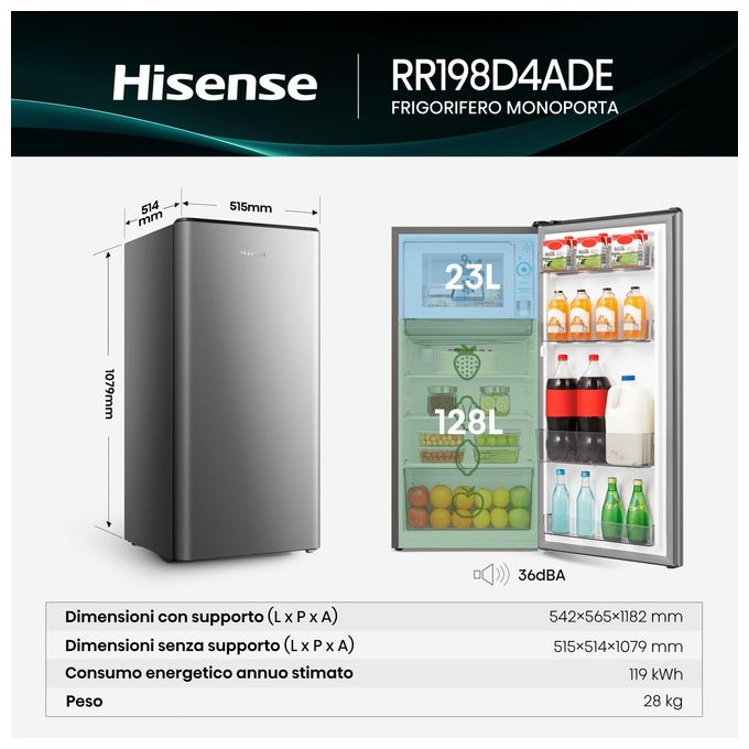 Hisense RR198D4ADE Frigorifero Monoporta Statico 151 L 107,9 cm Classe E 36 dB Libera Installazione colore Silver
