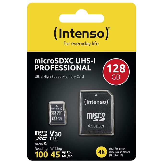 Intenso 3433491 Professional Scheda di Memoria microSDXC 128 GB UHS-I U3 V30 100 MB-s con Adattatore SD colore Nero