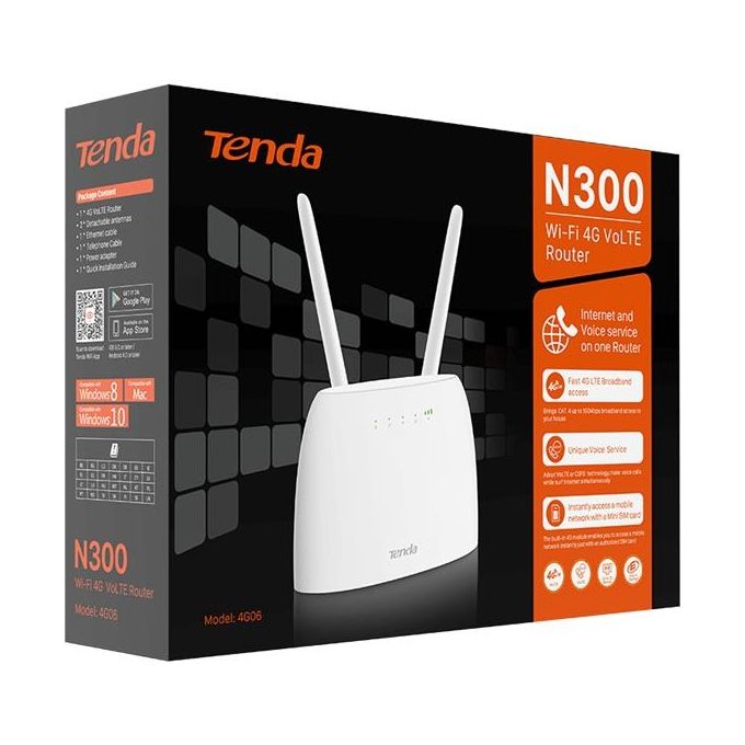 Tenda 4G06 Router Wireless 4G LTE VoLTE 300 Mbps WiFi N300 Banda Singola 2.4 GHz Slot SIM 2 Antenne Staccabili colore Bianco