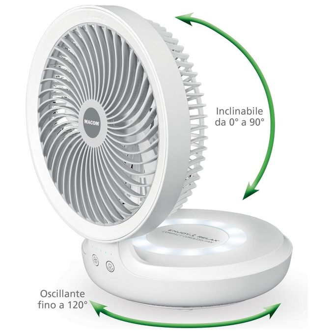 Macom 990 Enjoy and Relax Ventilatore da Tavolo Cordless Ricaricabile USB 19 cm 4 Velocita' Batteria 4000 mAh colore Bianco