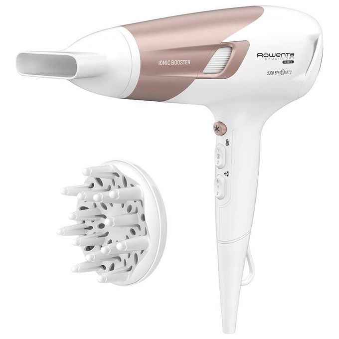Rowenta CV5830 Studio Dry Glow Asciugacapelli con Booster Ionico Thermo Control 2100 W Bianco-Oro Rosa
