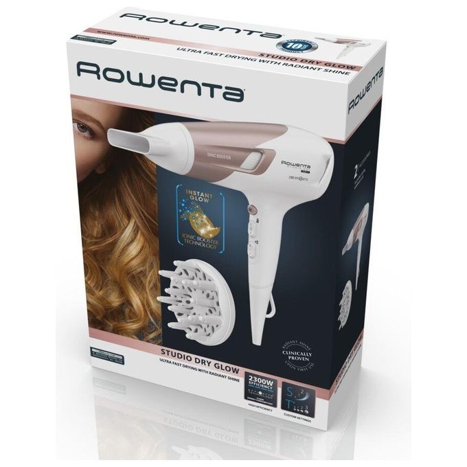 Rowenta CV5830 Studio Dry Glow Asciugacapelli con Booster Ionico Thermo Control 2100 W Bianco-Oro Rosa