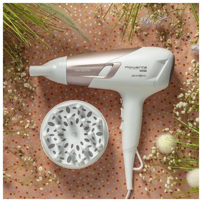 Rowenta CV5830 Studio Dry Glow Asciugacapelli con Booster Ionico Thermo Control 2100 W Bianco-Oro Rosa