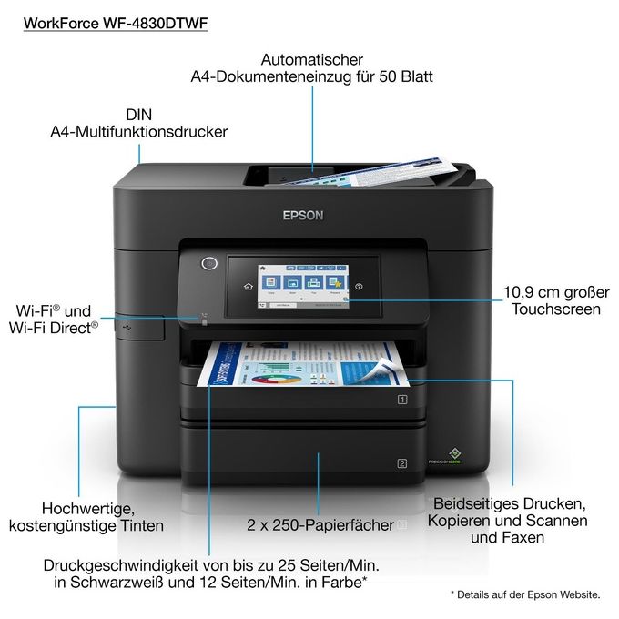 Epson WF-4830DTWF WorkForce Pro Stampante Multifunzione Inkjet A4 4 in 1 Wi-Fi NFC ADF Fronte Retro 25 ppm colore Nero