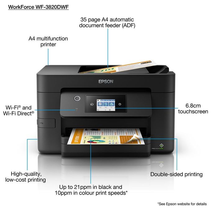 Epson C11CJ07403 WorkForce Pro WF-3820DWF Stampante Multifunzione Inkjet A4 Fronte Retro Fax Scansione Copia ADF 35 fogli 21 ppm Wi-Fi colore Nero