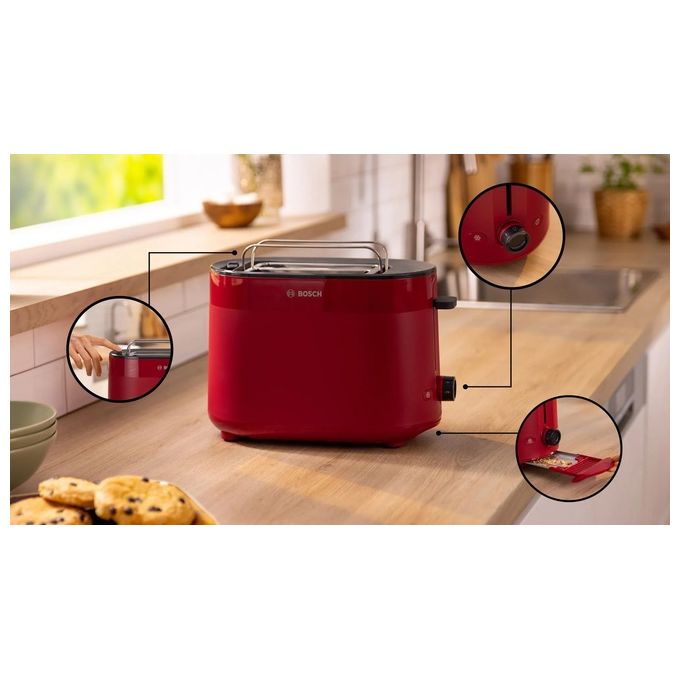 Bosch TAT2M124 MyMoment Tostapane 2 Fette 950 W Funzione Scongelamento e Riscaldamento High Lift Vassoio Briciole Estraibile colore Rosso