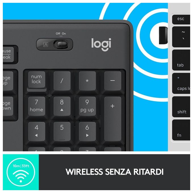 Logitech MK295 Kit Tastiera e Mouse Wireless SilentTouch Full-size QWERTY Italiano 1000 DPI colore Grafite