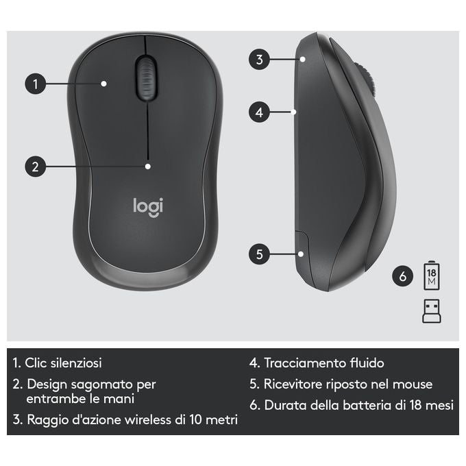 Logitech MK295 Kit Tastiera e Mouse Wireless SilentTouch Full-size QWERTY Italiano 1000 DPI colore Grafite