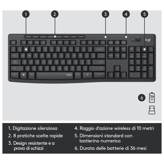 Logitech MK295 Kit Tastiera e Mouse Wireless SilentTouch Full-size QWERTY Italiano 1000 DPI colore Grafite