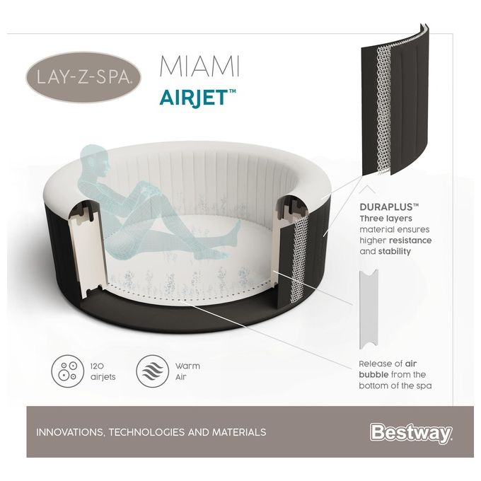 Bestway 60001 Lay-Z-Spa Miami AirJet Piscina Idromassaggio Gonfiabile 180x66 cm 4 Persone 40°C Freeze Shield colore Nero